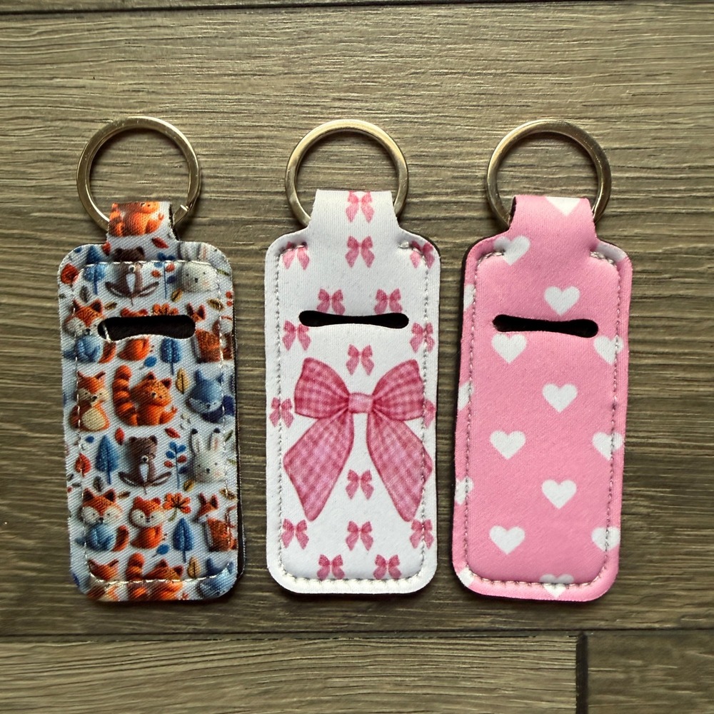 Set of 3 Neoprene Chapstick Holder Keychains Woodland Animals Bows Hearts Pink - Picture 2 of 2